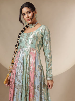 Blue Multi Colour Round Neck Anarkali Kurta-Shae by SASSAFRAS