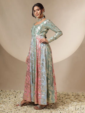 Blue Multi Colour Round Neck Anarkali Kurta-Shae by SASSAFRAS