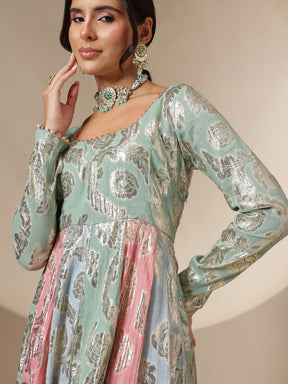 Blue Multi Colour Round Neck Anarkali Kurta-Shae by SASSAFRAS
