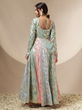 Blue Multi Colour Round Neck Anarkali Kurta-Shae by SASSAFRAS
