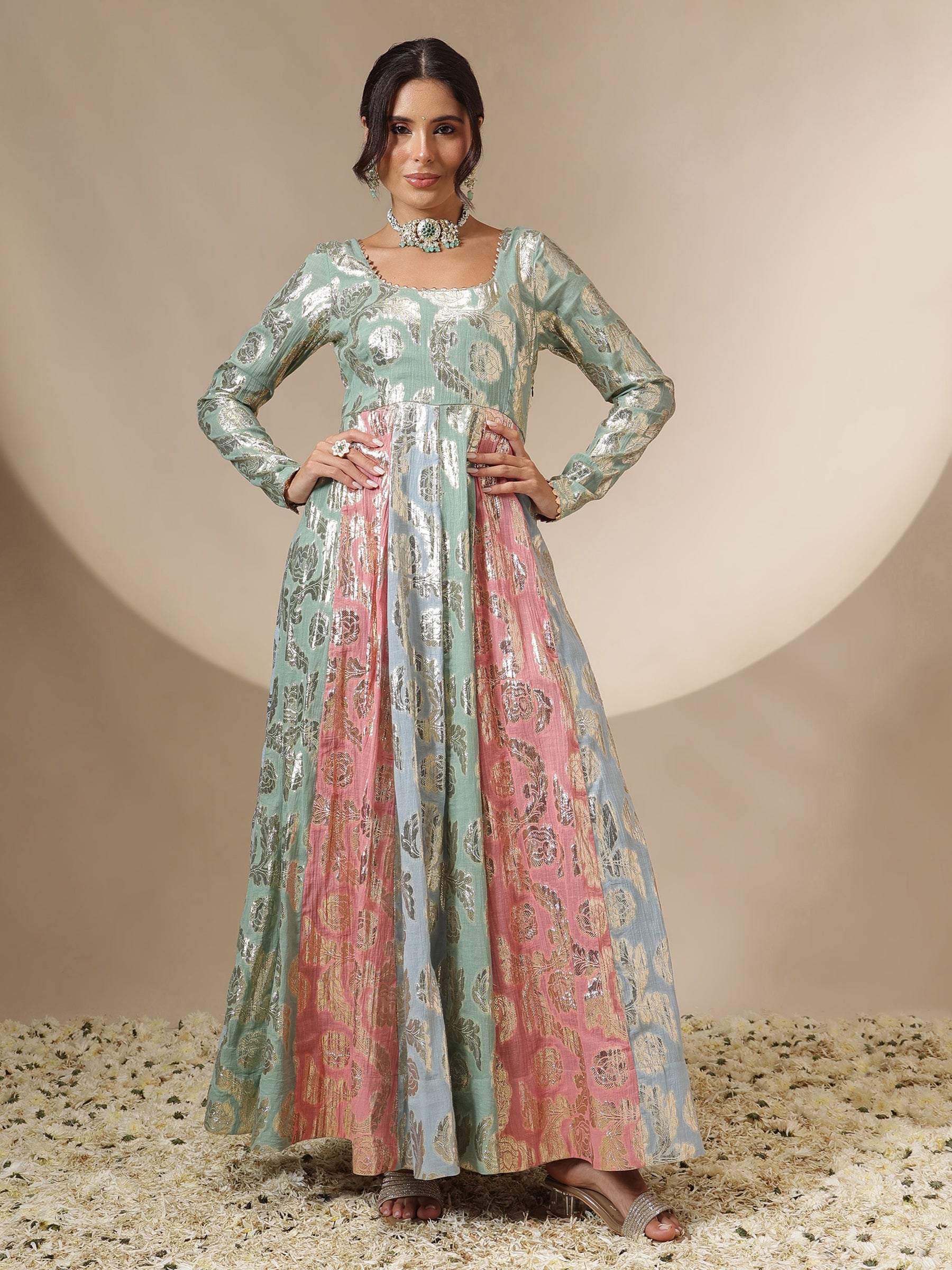 Women Blue Multi Colour Round Neck Anarkali Kurta