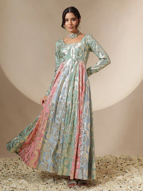 Women Blue Multi Colour Round Neck Anarkali Kurta