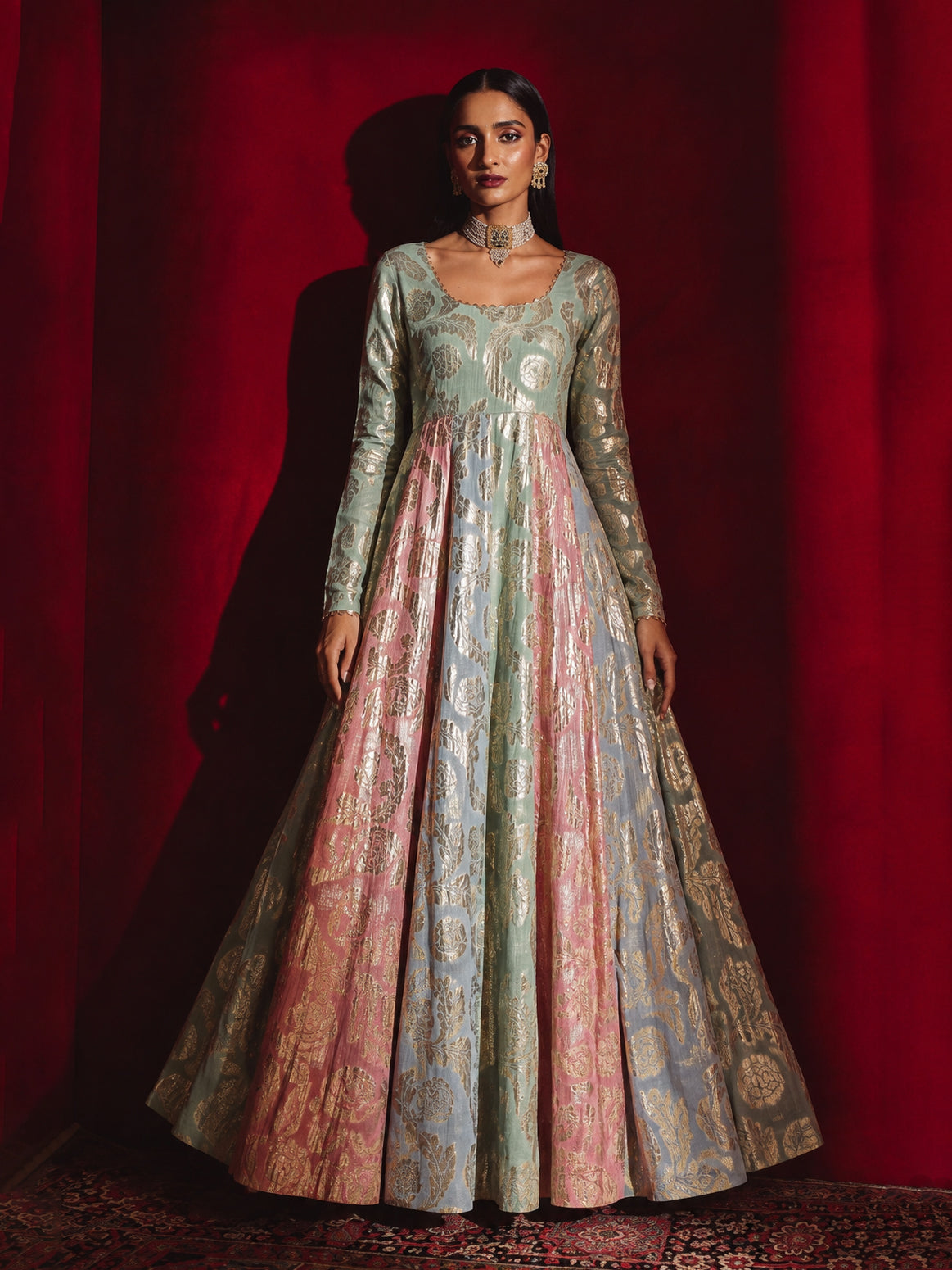 Blue Multi Colour Round Neck Anarkali Kurta-Shae by SASSAFRAS