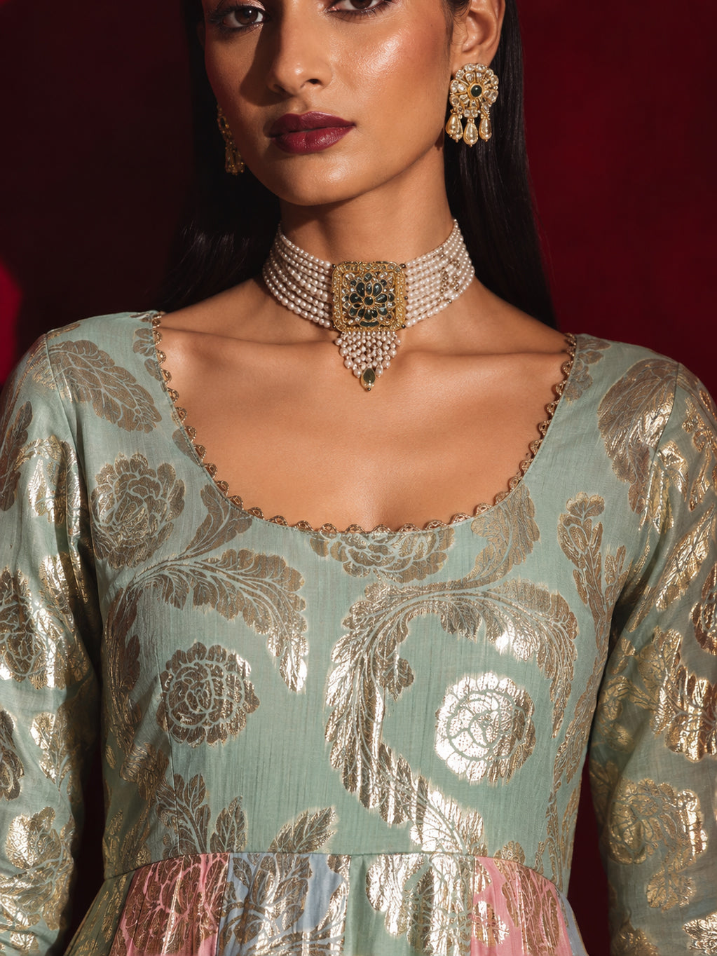 Blue Multi Colour Round Neck Anarkali Kurta-Shae by SASSAFRAS