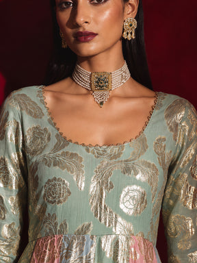 Blue Multi Colour Round Neck Anarkali Kurta-Shae by SASSAFRAS