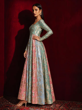 Women Blue Multi Colour Round Neck Anarkali Kurta