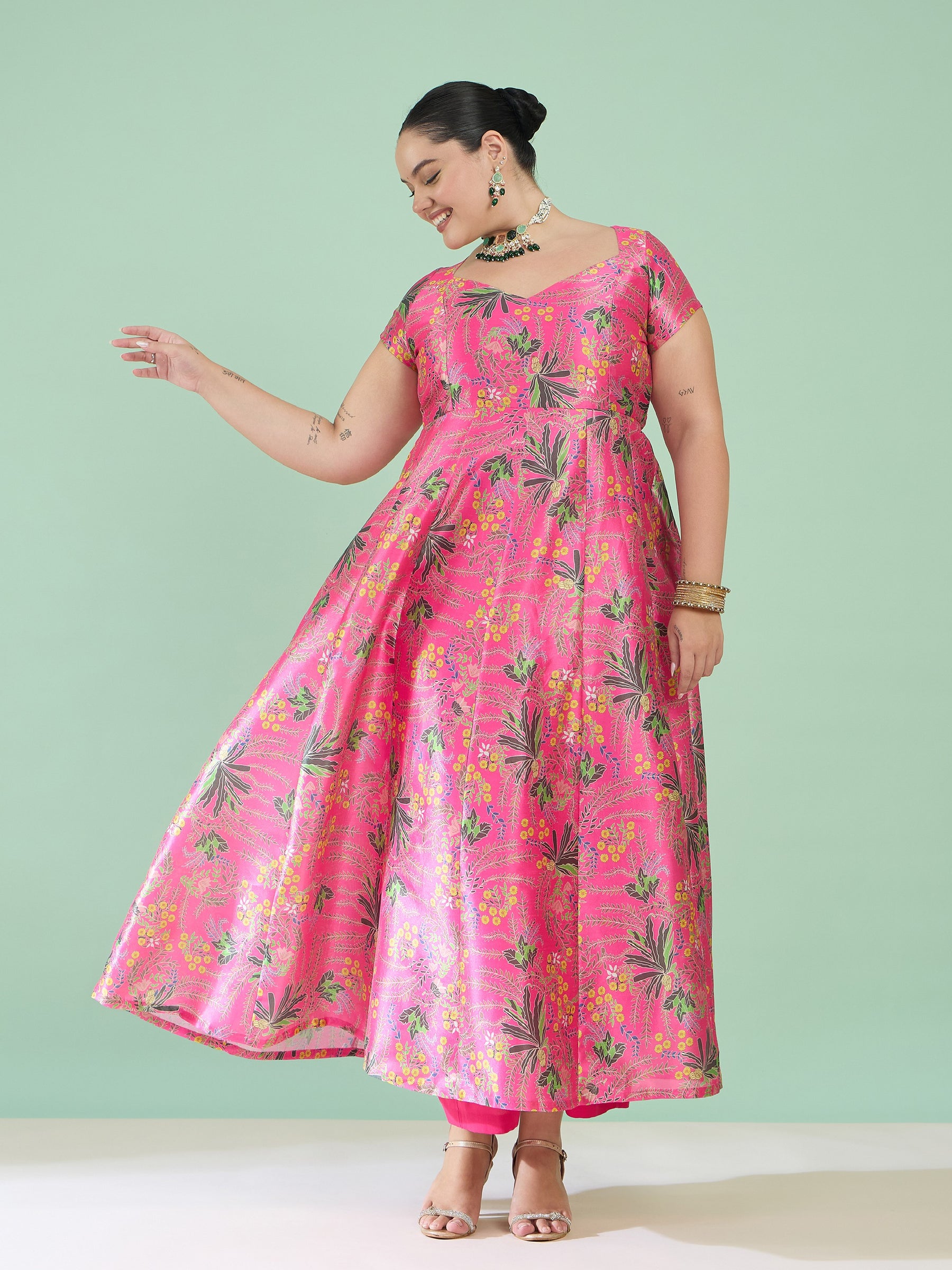 Women Pink Floral Anarkali Maxi Kurta
