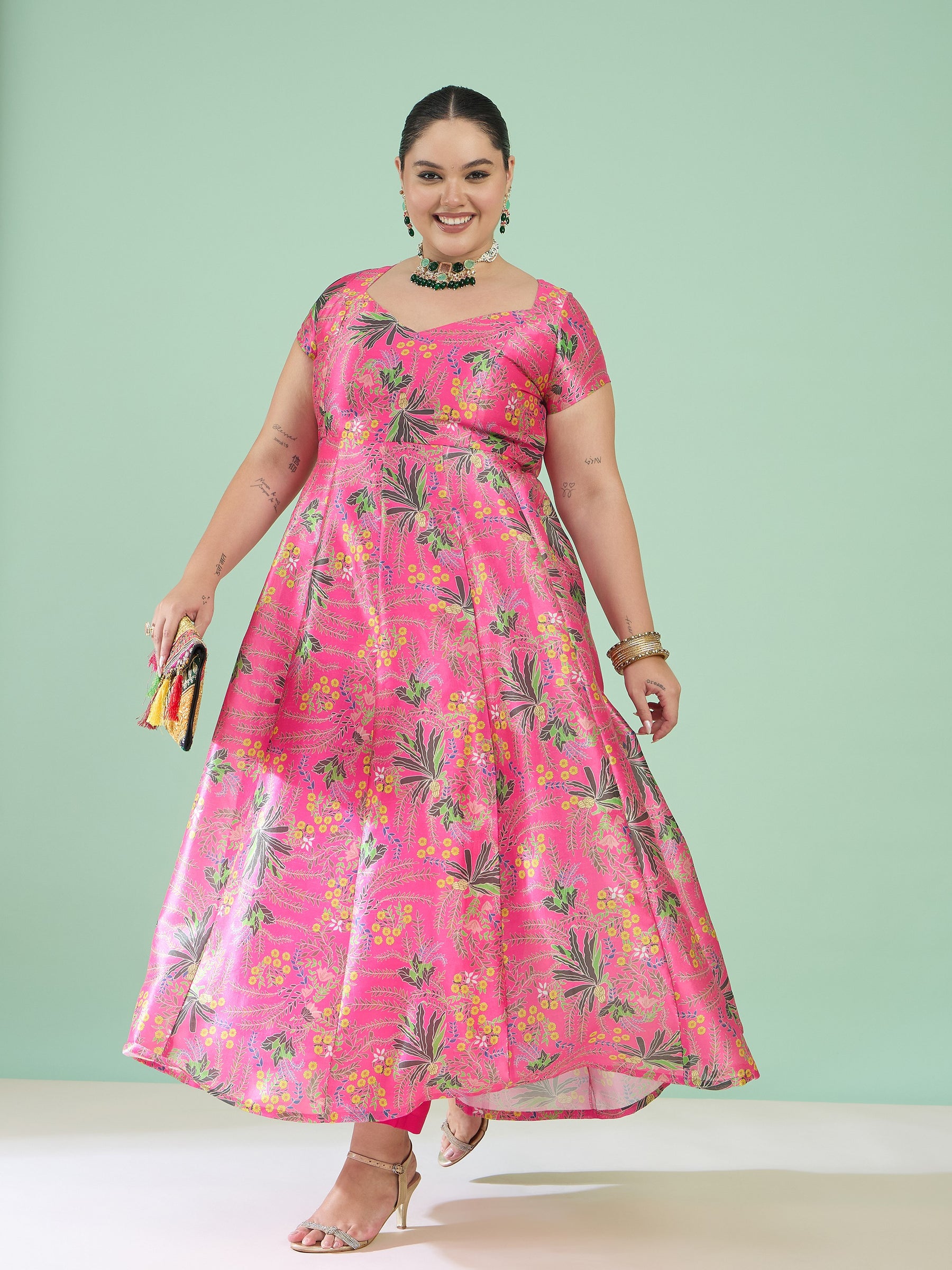 Women Pink Floral Anarkali Maxi Kurta