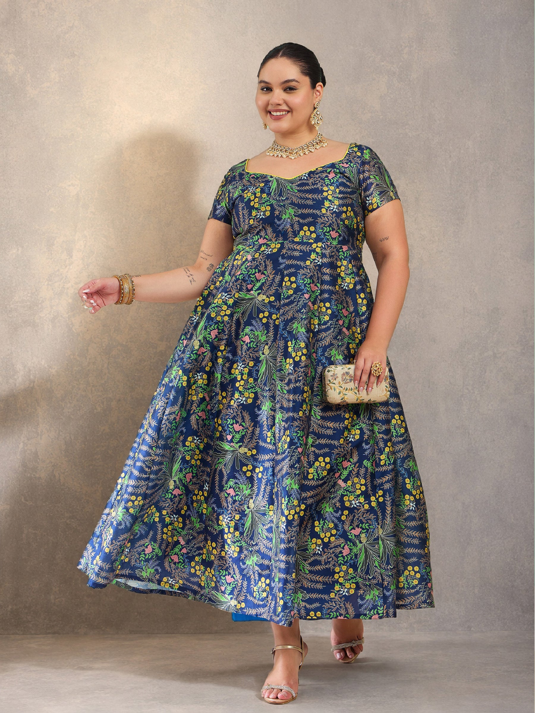 Navy Floral Anarkali Maxi Kurta-Shae by SASSAFRAS