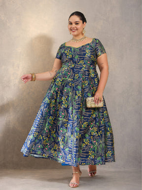 Navy Floral Anarkali Maxi Kurta-Shae by SASSAFRAS