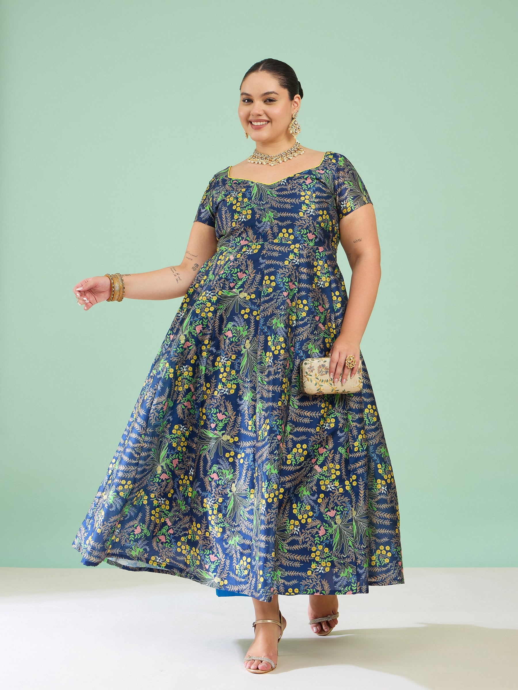Women Navy Floral Anarkali Maxi Kurta