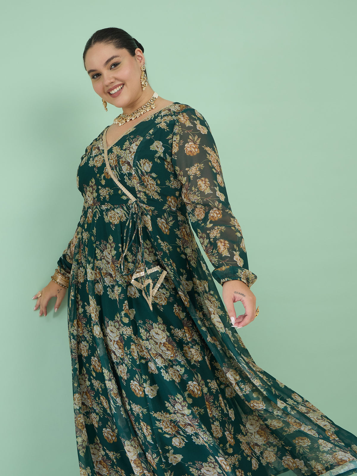 Green Floral Wrap Anarkali Kurta-Shae by SASSAFRAS