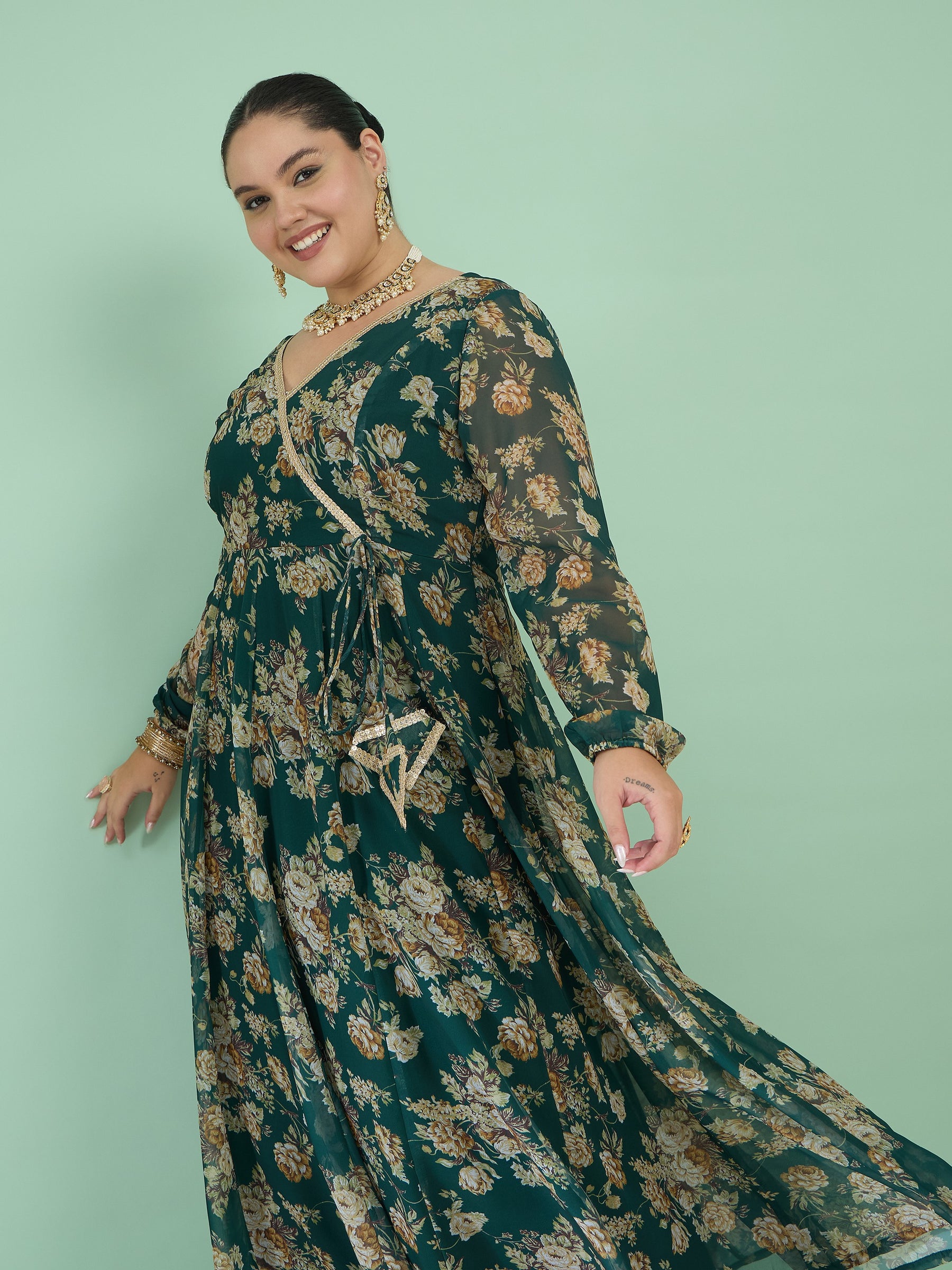 Green Floral Wrap Anarkali Kurta-Shae by SASSAFRAS