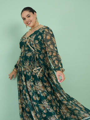 Green Floral Wrap Anarkali Kurta-Shae by SASSAFRAS