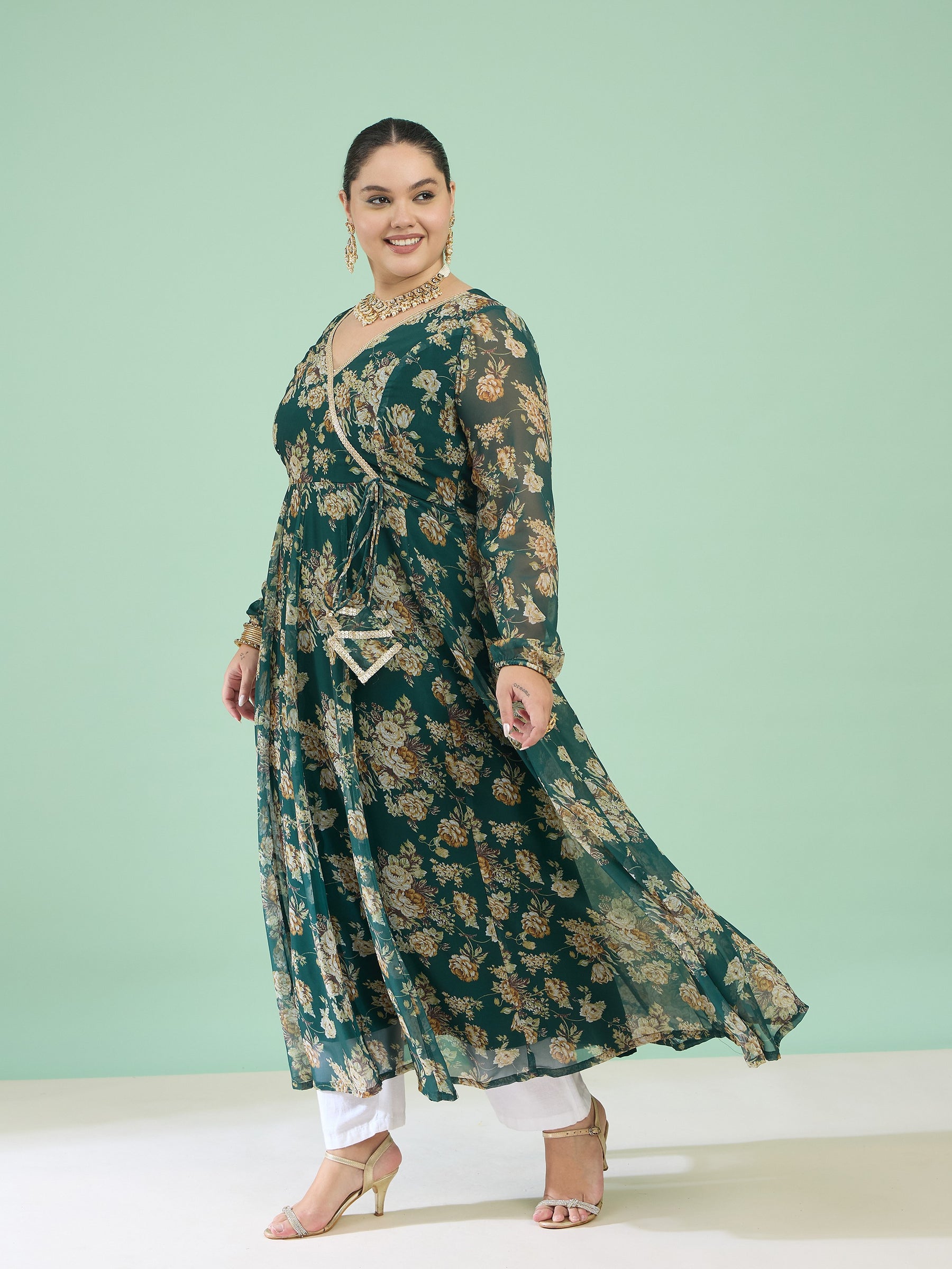Green Floral Wrap Anarkali Kurta-Shae by SASSAFRAS