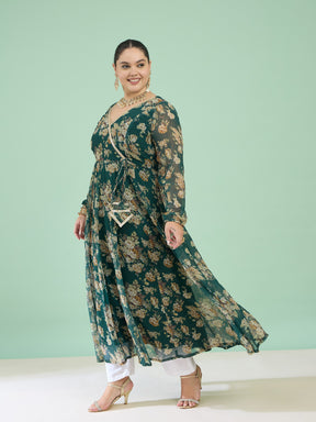 Green Floral Wrap Anarkali Kurta-Shae by SASSAFRAS