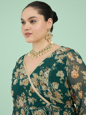 Green Floral Wrap Anarkali Kurta-Shae by SASSAFRAS