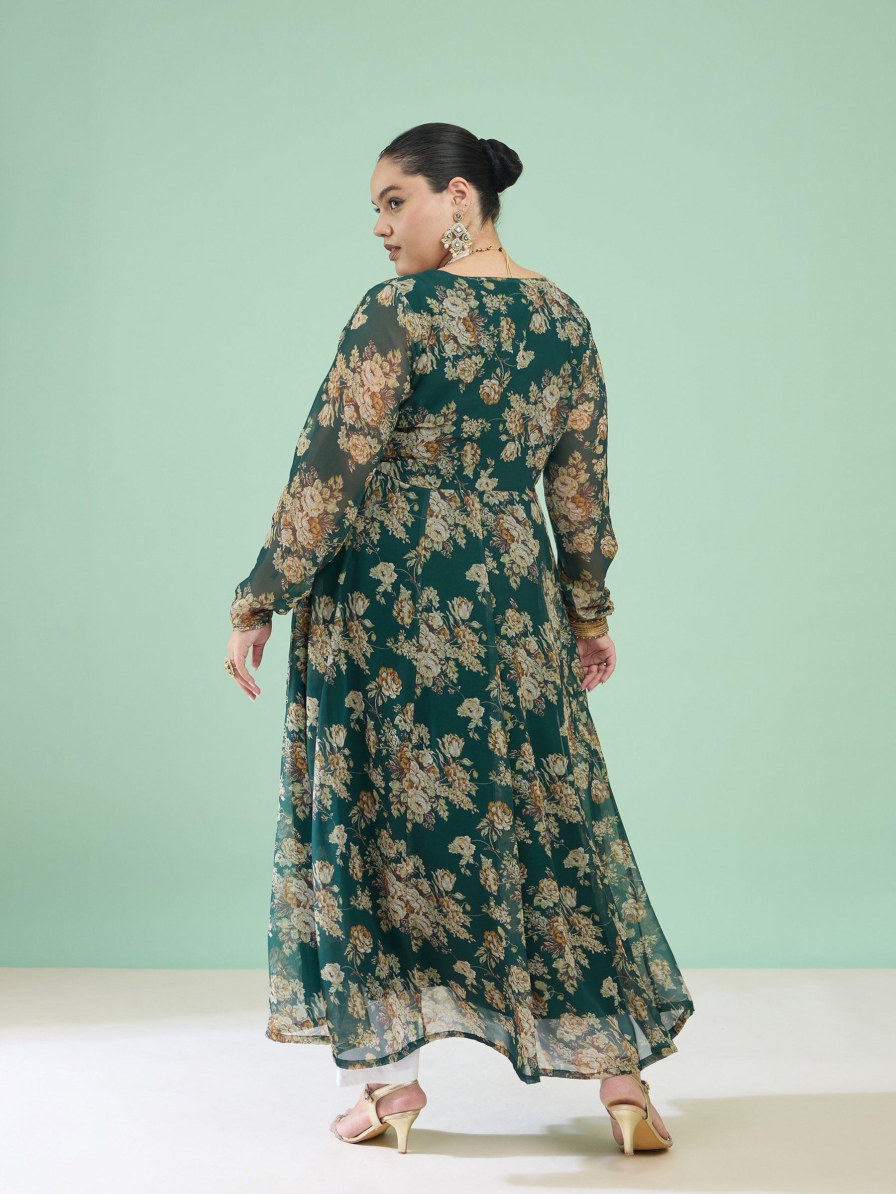 Women Green Floral Wrap Anarkali Kurta