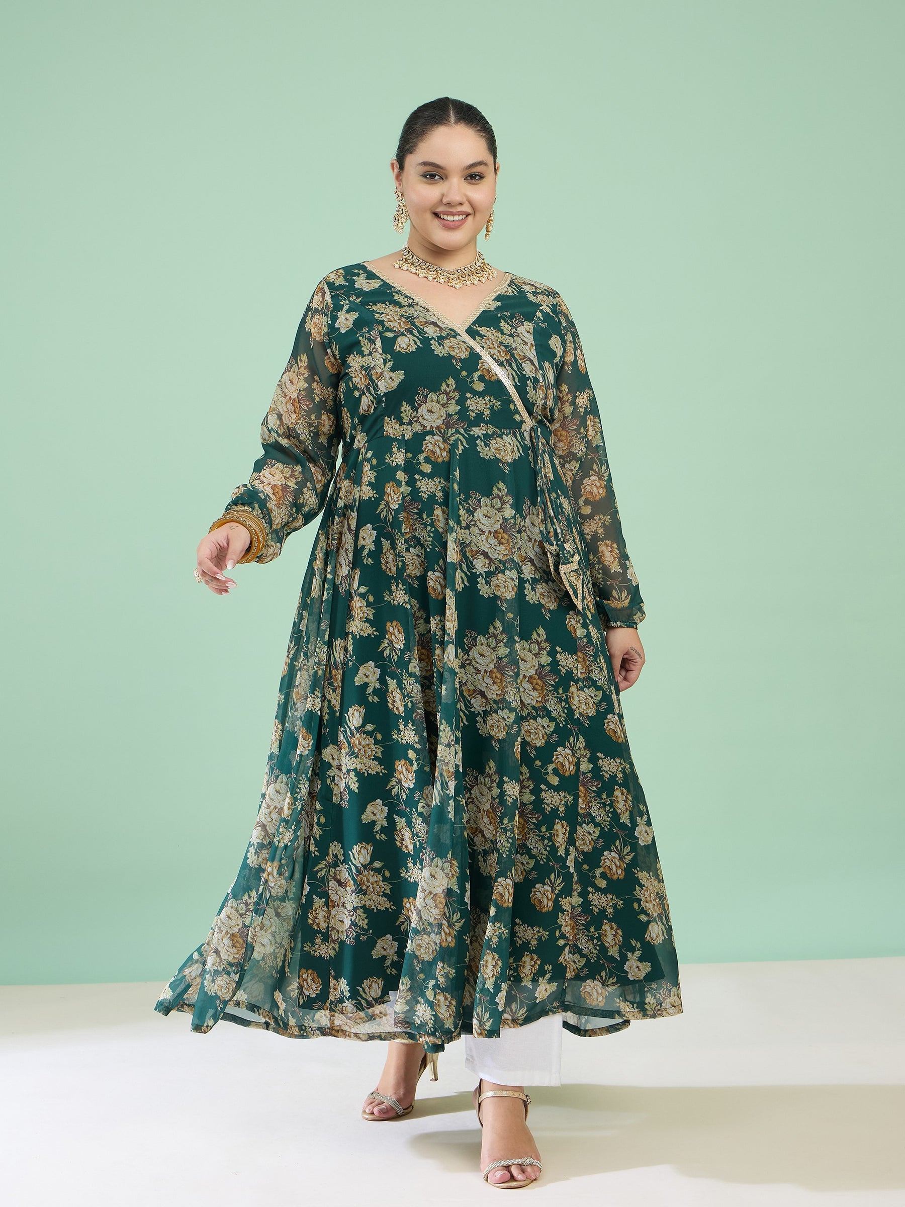 Women Green Floral Wrap Anarkali Kurta