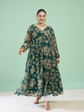 Women Green Floral Wrap Anarkali Kurta