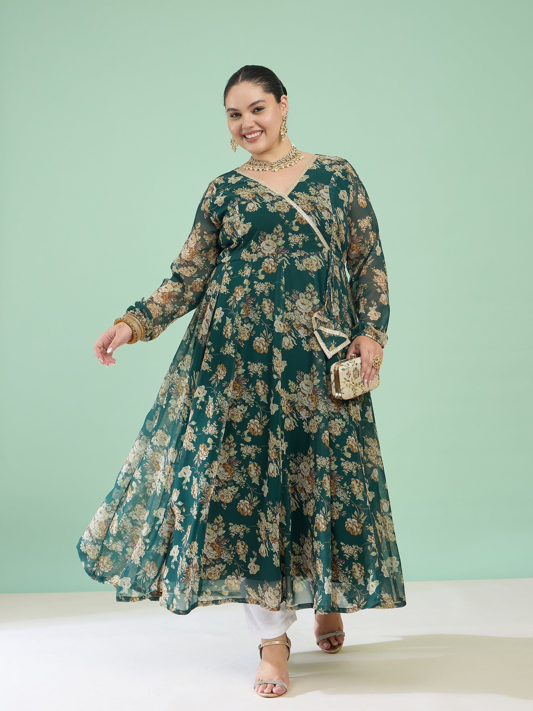 Women Green Floral Wrap Anarkali Kurta