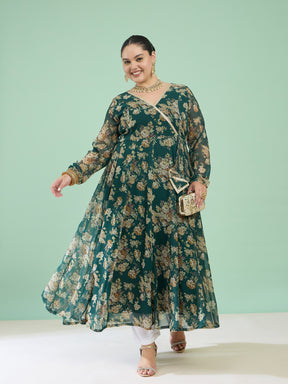 Women Green Floral Wrap Anarkali Kurta