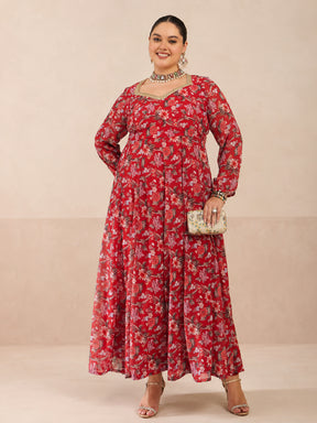Red Floral Full Sleeves Sweetheart Neck Anarkali Kurta -Shae by SASSAFRAS