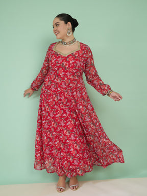 Red Floral Full Sleeves Sweetheart Neck Anarkali Kurta -Shae by SASSAFRAS