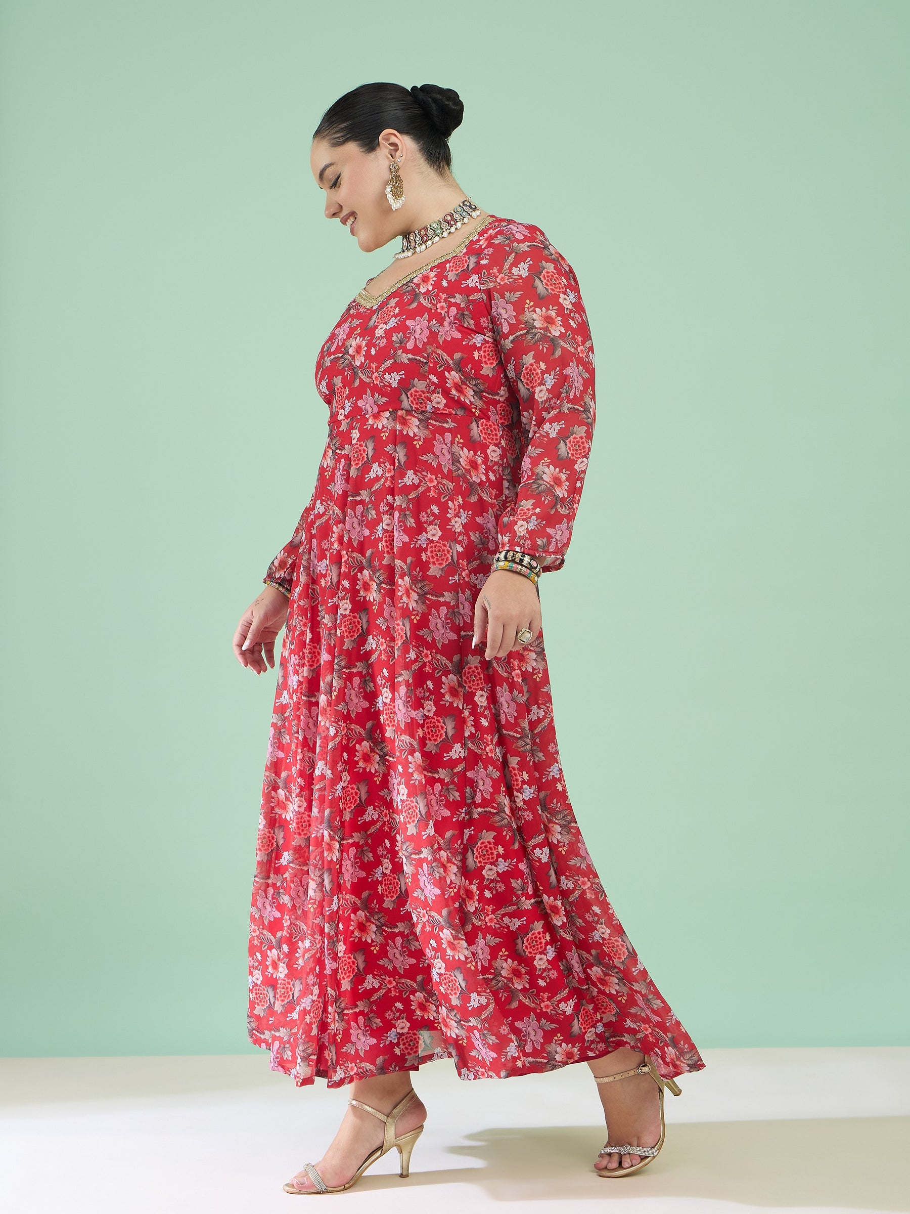 Red Floral Full Sleeves Sweetheart Neck Anarkali Kurta -Shae by SASSAFRAS