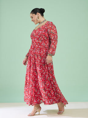 Red Floral Full Sleeves Sweetheart Neck Anarkali Kurta -Shae by SASSAFRAS