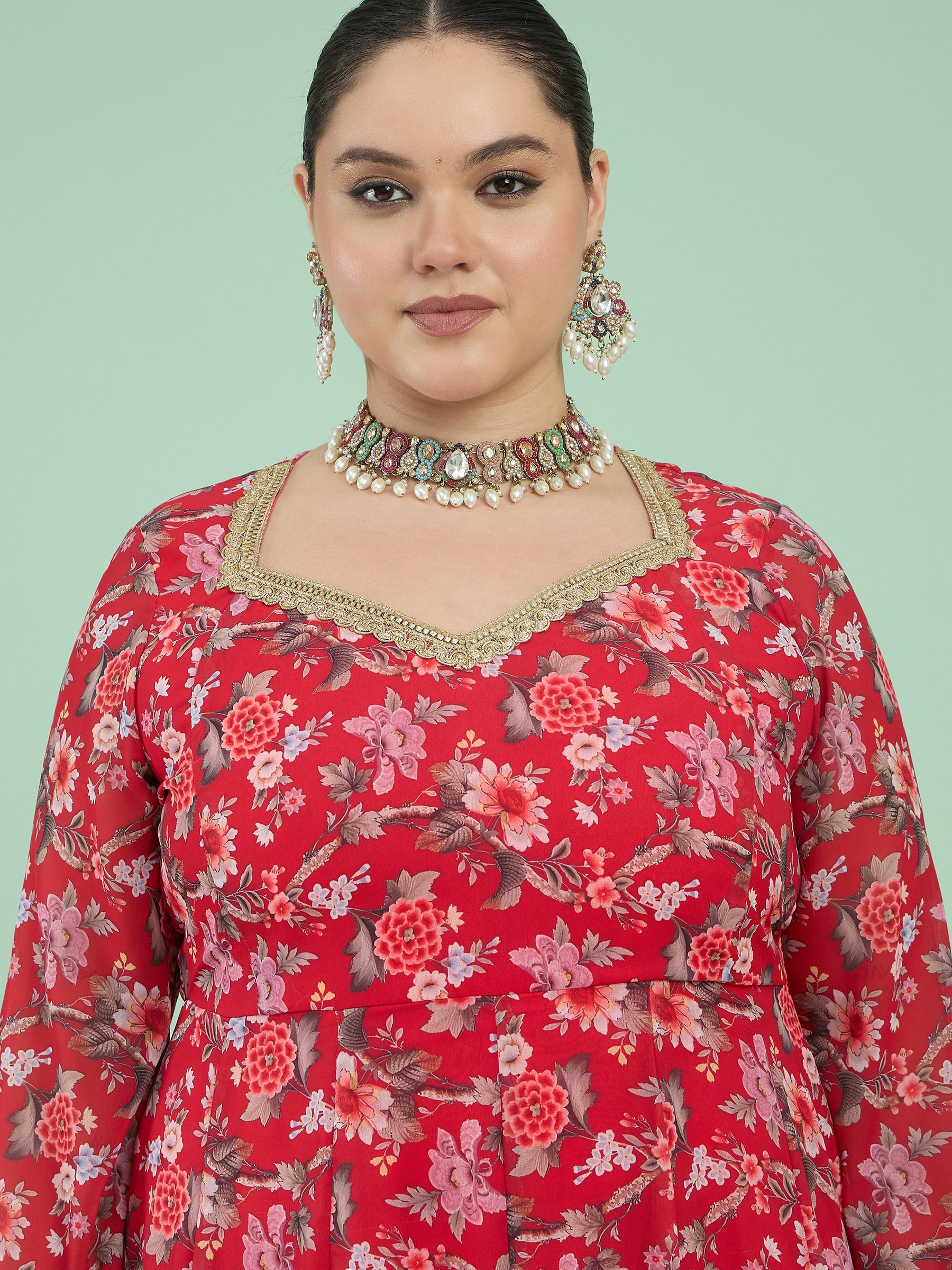 Red Floral Full Sleeves Sweetheart Neck Anarkali Kurta -Shae by SASSAFRAS