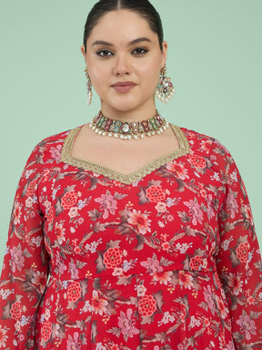 Red Floral Full Sleeves Sweetheart Neck Anarkali Kurta -Shae by SASSAFRAS