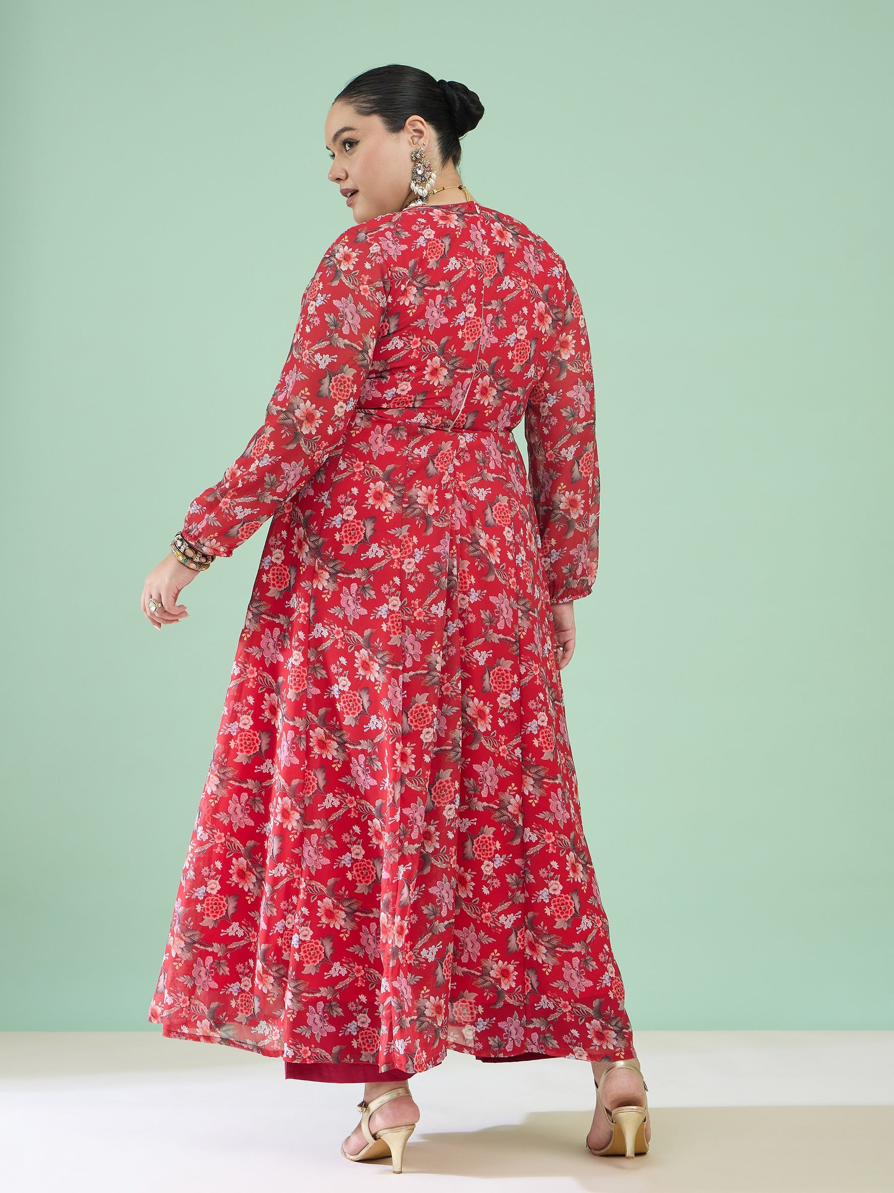 Women Red Floral Full Sleeves Sweetheart Neck Anarkali Kurta