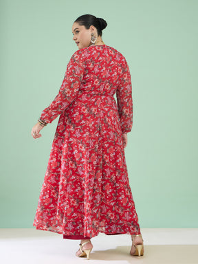 Women Red Floral Full Sleeves Sweetheart Neck Anarkali Kurta