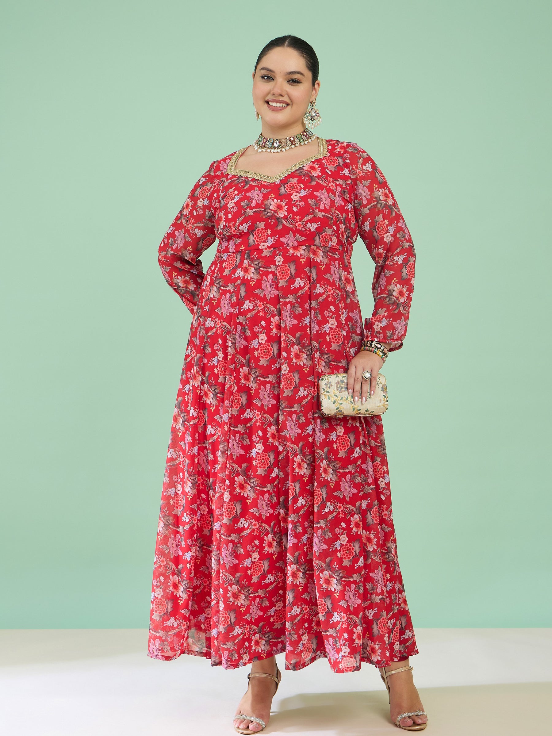 Women Red Floral Full Sleeves Sweetheart Neck Anarkali Kurta