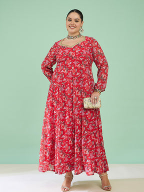 Women Red Floral Full Sleeves Sweetheart Neck Anarkali Kurta