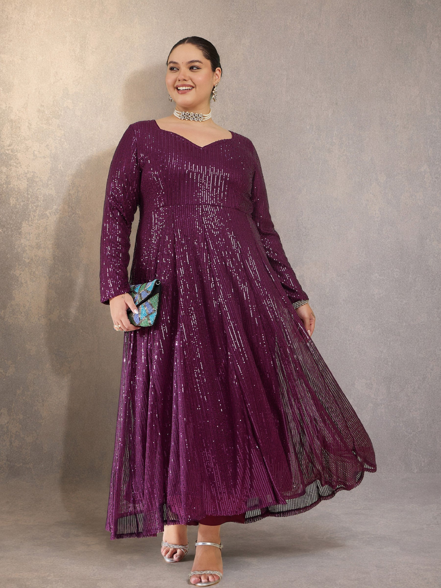 Purple Sequin Full Sleeves Anarkali Kurta-Shae by SASSAFRAS