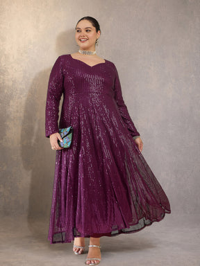 Purple Sequin Full Sleeves Anarkali Kurta-Shae by SASSAFRAS
