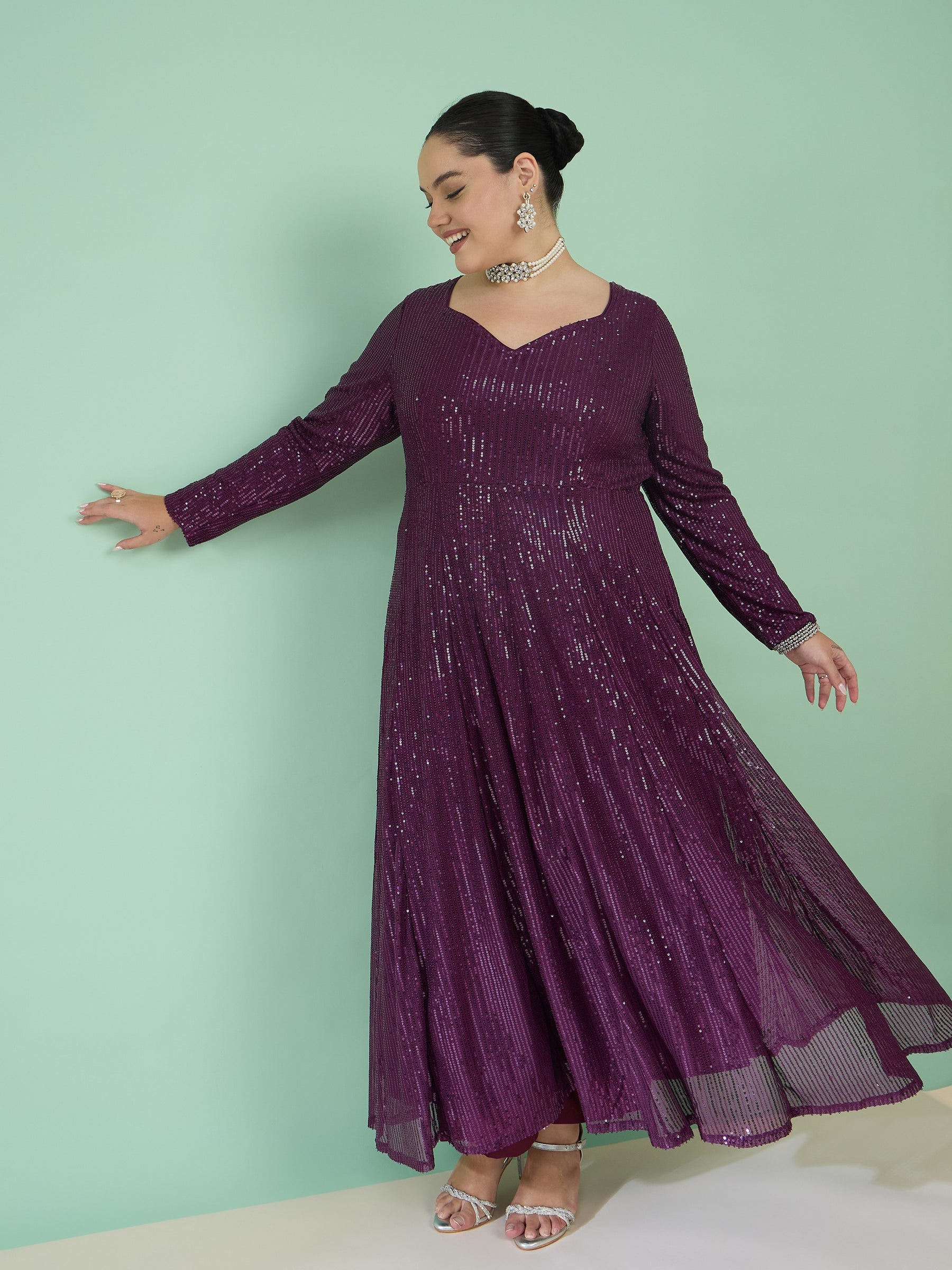 Purple Sequin Full Sleeves Anarkali Kurta-Shae by SASSAFRAS