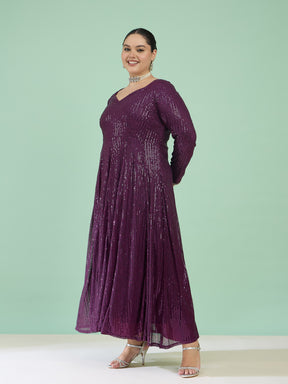 Purple Sequin Full Sleeves Anarkali Kurta-Shae by SASSAFRAS