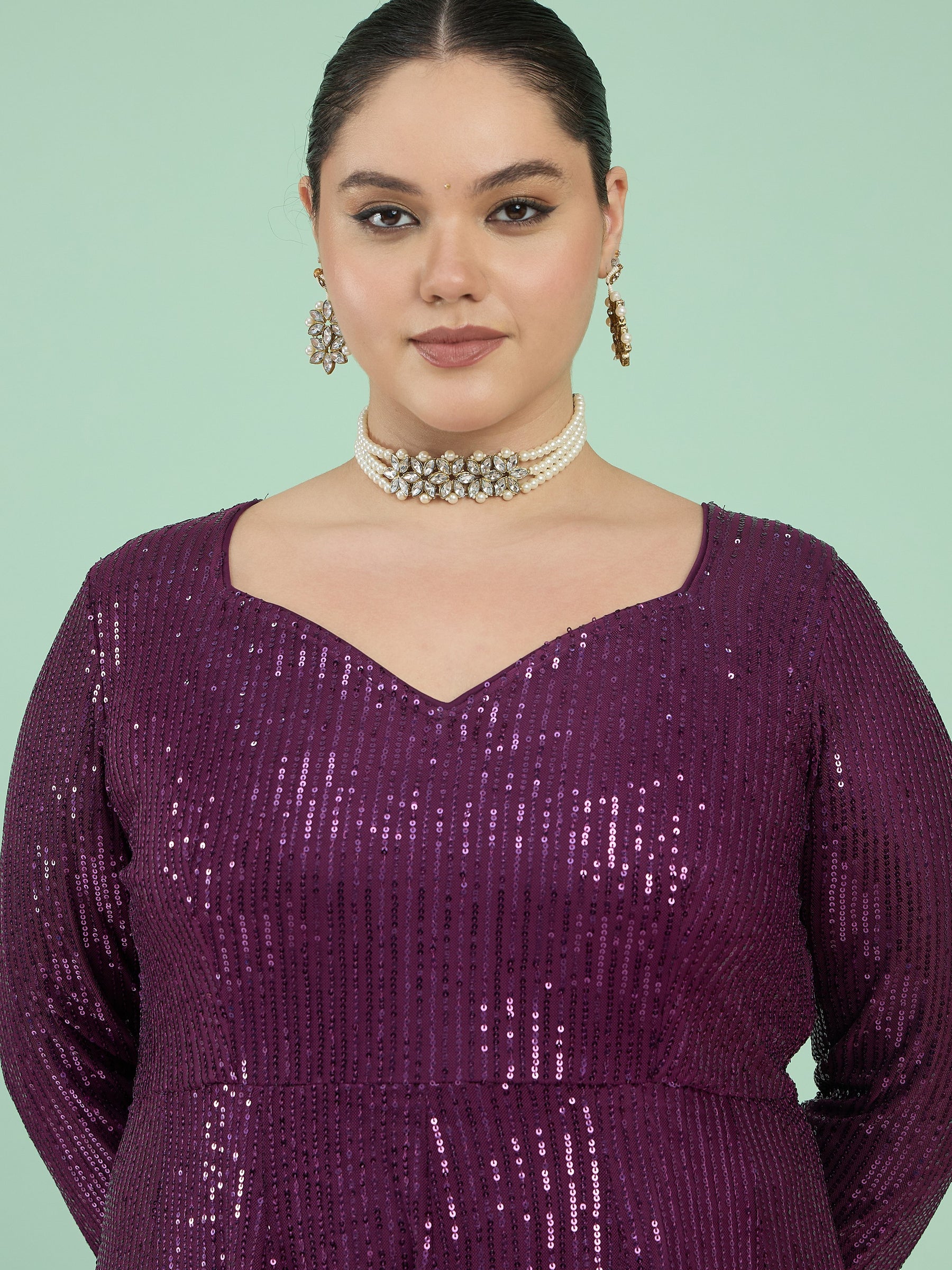 Purple Sequin Full Sleeves Anarkali Kurta-Shae by SASSAFRAS