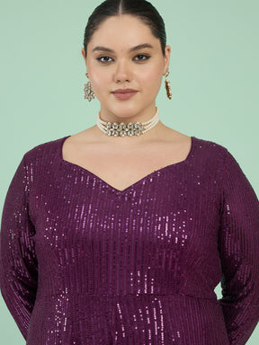 Purple Sequin Full Sleeves Anarkali Kurta-Shae by SASSAFRAS
