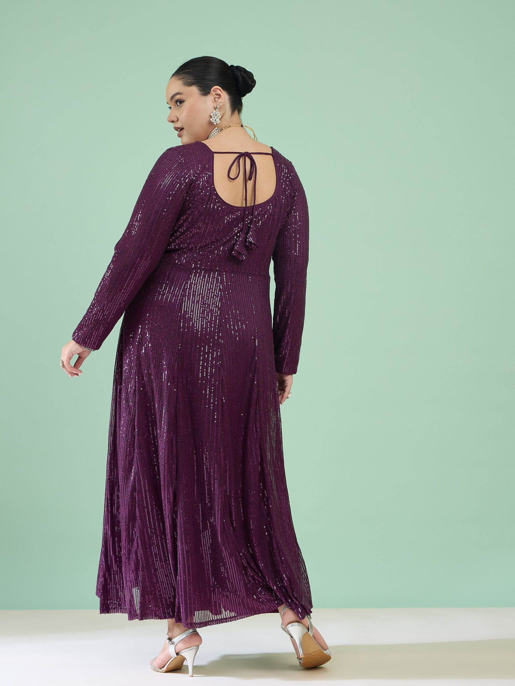 Women Purple Sequin Full Sleeves Anarkali Kurta