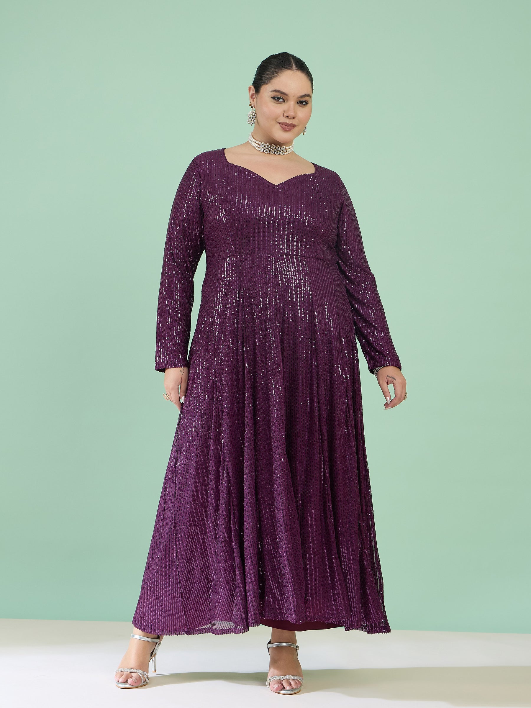 Women Purple Sequin Full Sleeves Anarkali Kurta