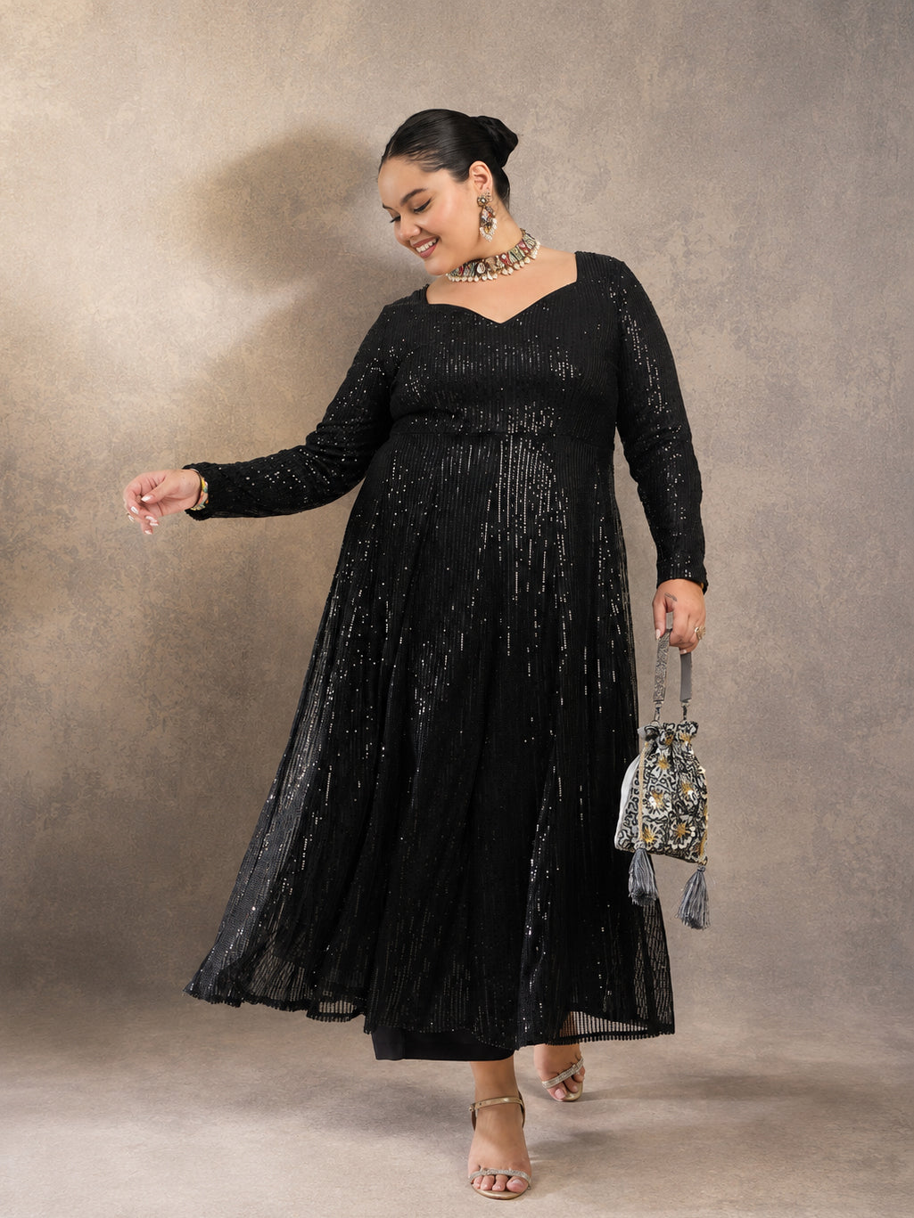 Black Sequin Full Sleeves Anarkali Kurta-Shae by SASSAFRAS