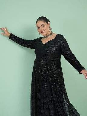 Black Sequin Full Sleeves Anarkali Kurta-Shae by SASSAFRAS