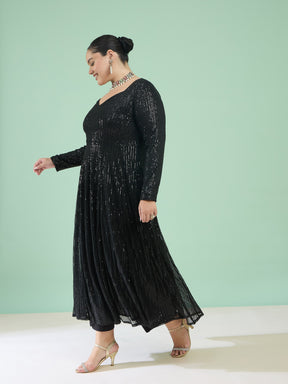 Black Sequin Full Sleeves Anarkali Kurta-Shae by SASSAFRAS