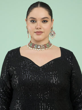 Black Sequin Full Sleeves Anarkali Kurta-Shae by SASSAFRAS