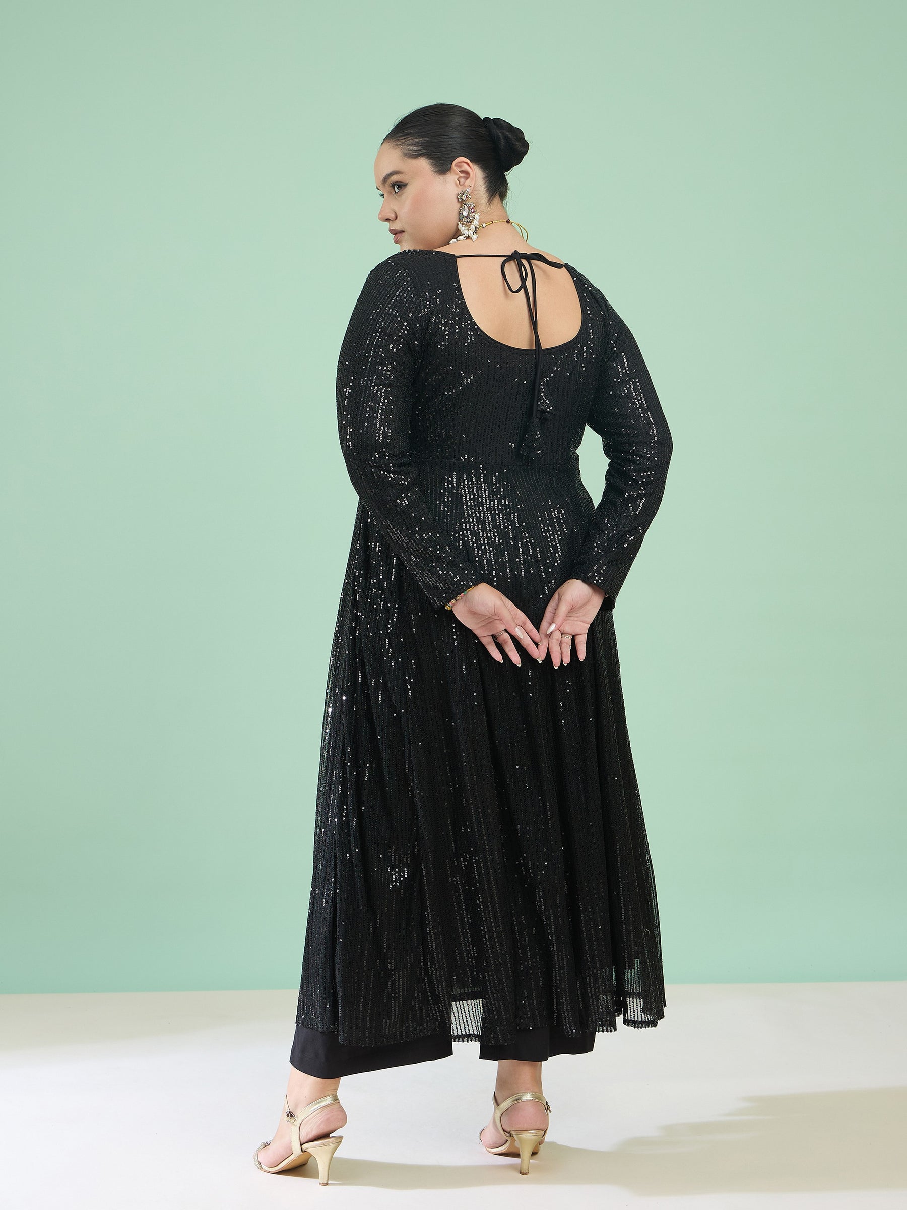 Women Black Sequin Full Sleeves Anarkali Kurta