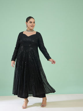 Women Black Sequin Full Sleeves Anarkali Kurta